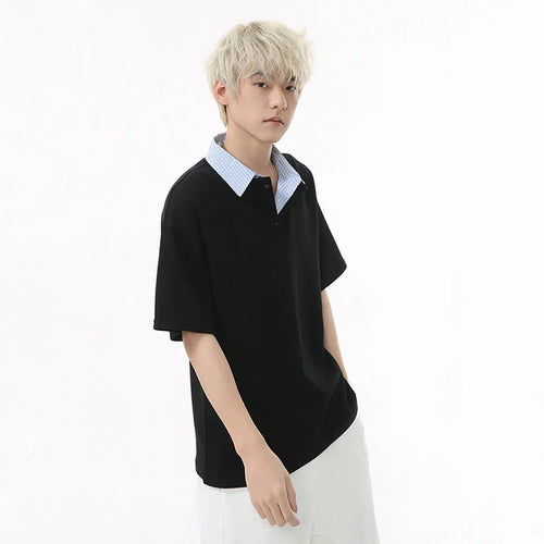 Load image into Gallery viewer, Men's Short Sleeve T-shirts Korean Simple Splicing Lapel Fake Two-piece Fashion Loose Male Clothing Pullover Top 9W1584
