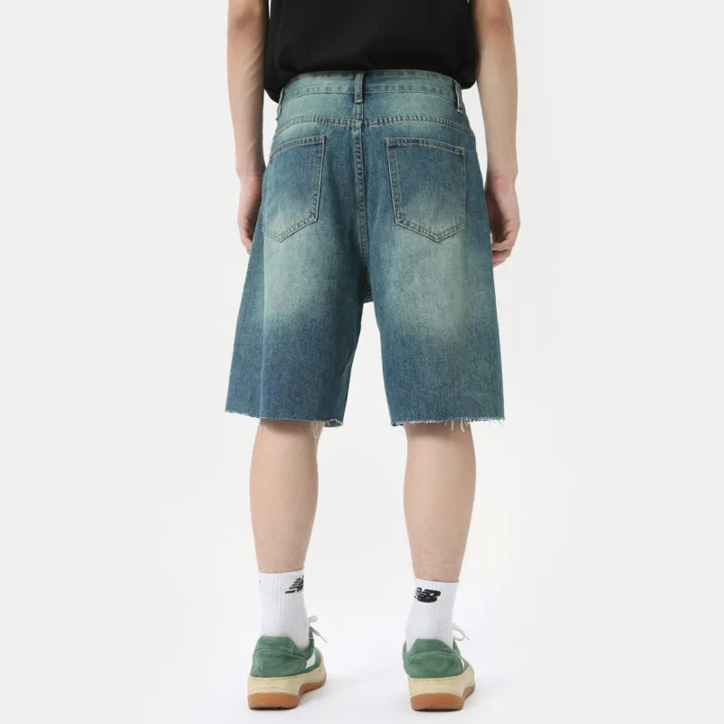 High Street Men's Straight Denim Shorts Vintage Worn-out Design Male Bottom Wide Leg Trousers Fashion Summer 9C6319