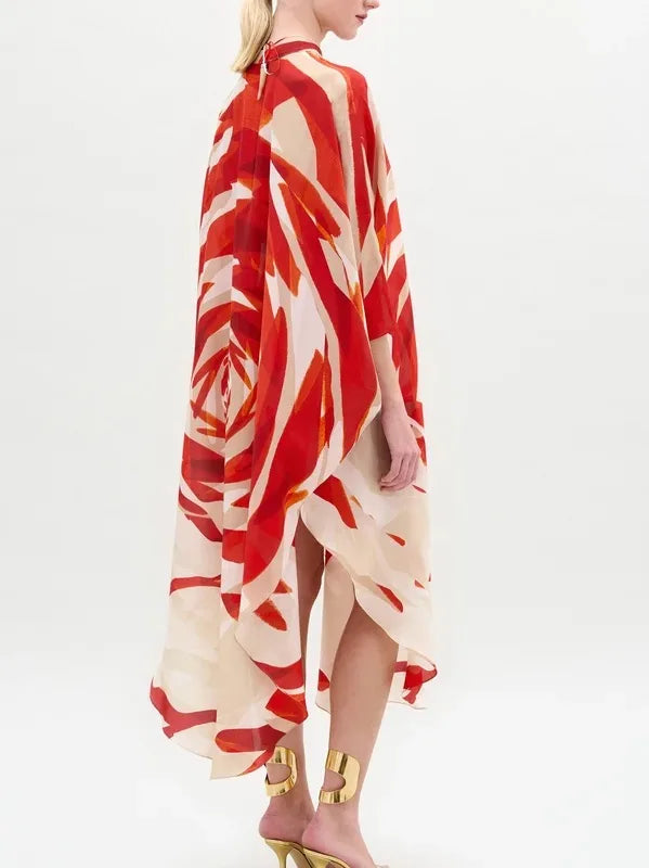 Fashion Flower Print Oversize Midi Elegant Dress Women 2025 Summer Autumn Womans Batwing Sleeve Loose Long Dresses