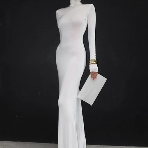 Load image into Gallery viewer, Turtleneck Long Sleeve Maxi Dress Women Gown Autumn Winter New Solid Sexy Long Dress Femme Fashion Floor-length Dress
