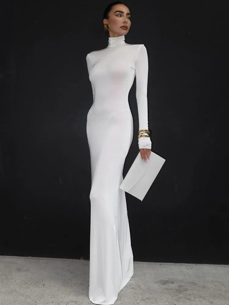 Turtleneck Long Sleeve Maxi Dress Women Gown Autumn Winter New Solid Sexy Long Dress Femme Fashion Floor-length Dress