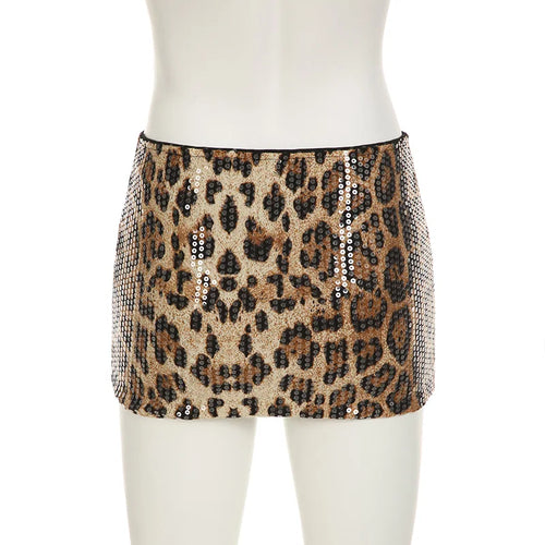 Load image into Gallery viewer, Sexy Leopard Printed Sequins Patchwork Mini Skirts Women Bodycon Low Waist Super Short Clubwear Skirt Vintage Bottoms
