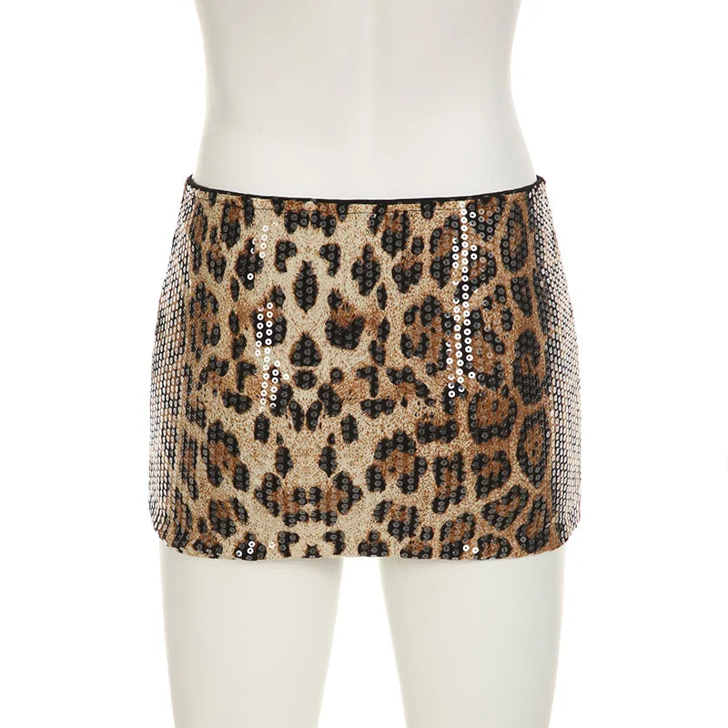 Sexy Leopard Printed Sequins Patchwork Mini Skirts Women Bodycon Low Waist Super Short Clubwear Skirt Vintage Bottoms