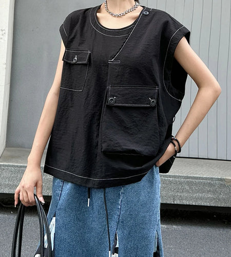 Women Black Pocket Back Drawstring Big Size T-shirt New Round Neck Sleeveless Fashion Tide Spring Summer 2025 1DJ1617
