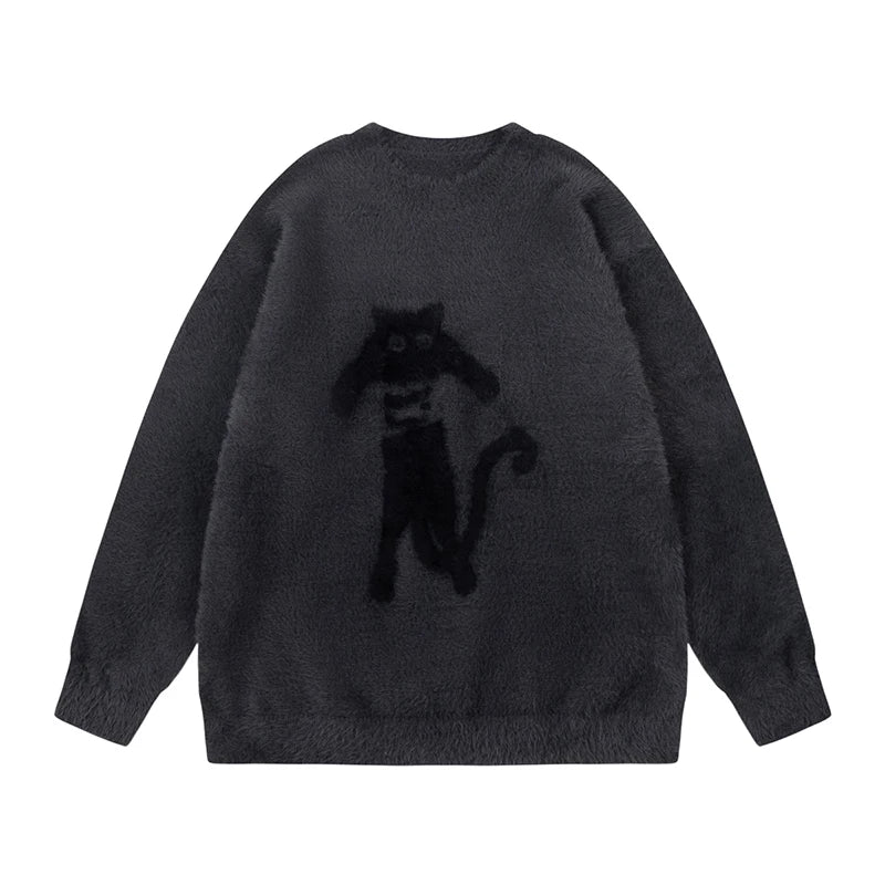 Loose Men's Sweater Spring New Cat Printing Mohair Round Neck Pullover Sweaters Trendy American Style Clothing 9W1466