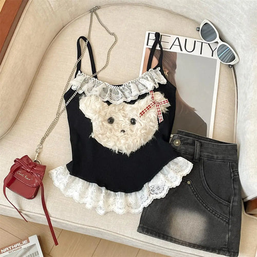 Load image into Gallery viewer, French Fashion Women Puppy Patchwork Lace Sleeveless Short Slip Top Summer Round Neck Backless Versatile Spaghetti Strap Tops
