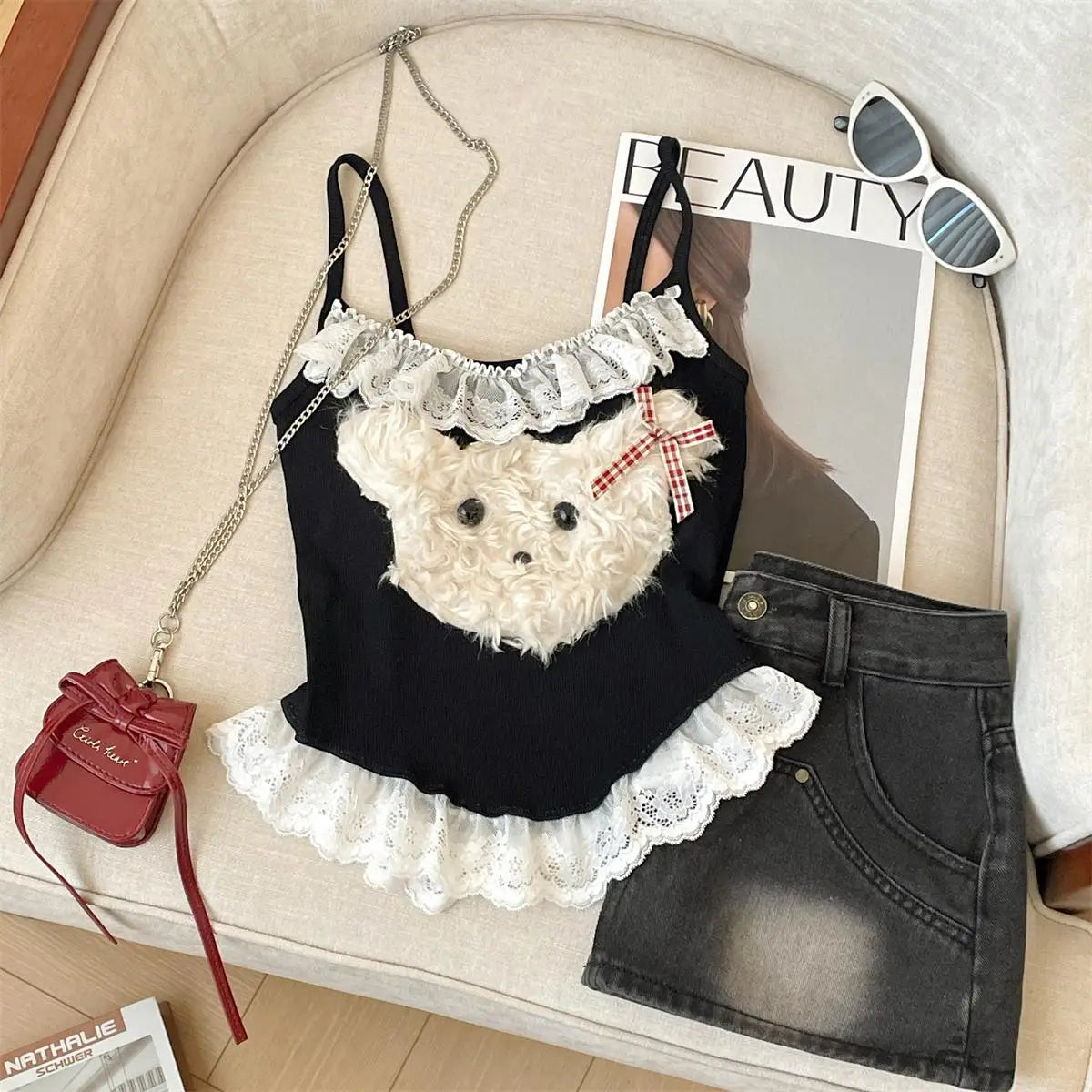 French Fashion Women Puppy Patchwork Lace Sleeveless Short Slip Top Summer Round Neck Backless Versatile Spaghetti Strap Tops