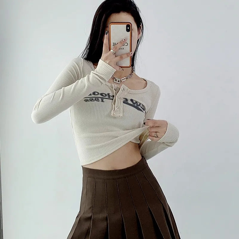 Vintage Letter Print Crop Tops Grunge Ribbed T-shirts Sexy Slim Long Sleeve Tee Shirt Women Korean Fashion Streetwear
