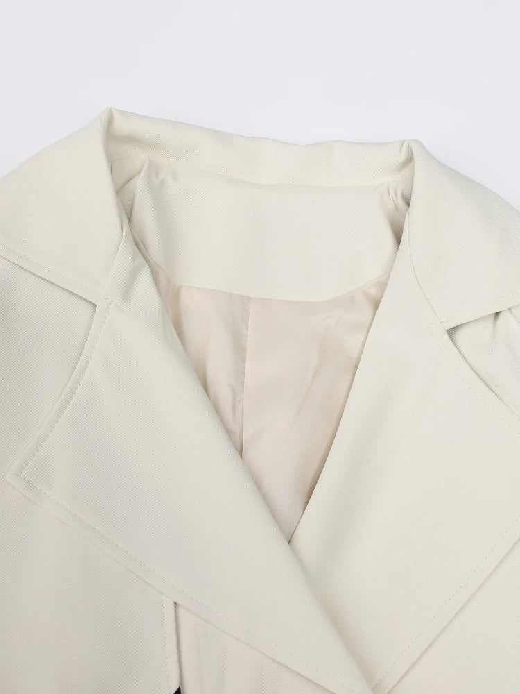 Women Beige Color-block Leather Big Size Trench New Lapel Long Sleeve Windbreaker Fashion Tide Spring Autumn 2025 CPG1307