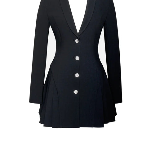 Load image into Gallery viewer, Autumn Black Blazer Mini Dress For Women Fashion V Neck Single-breasted Long Sleeve High Waist Pleated Sexy Dress
