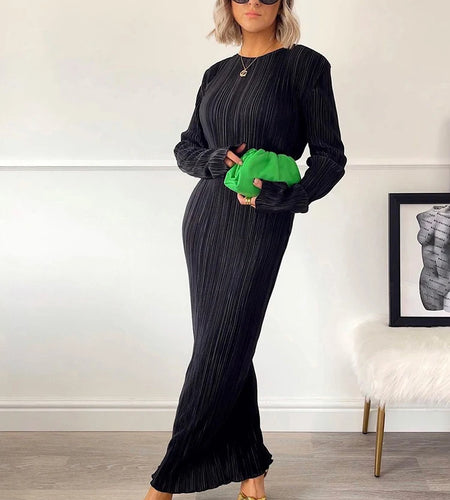 Women Elegant Ribbed Solid O Neck Long Sleeve Maxi Prom Dress 2022 Fall Sexy Bodycon Evening Birthday Party Y2K Robe