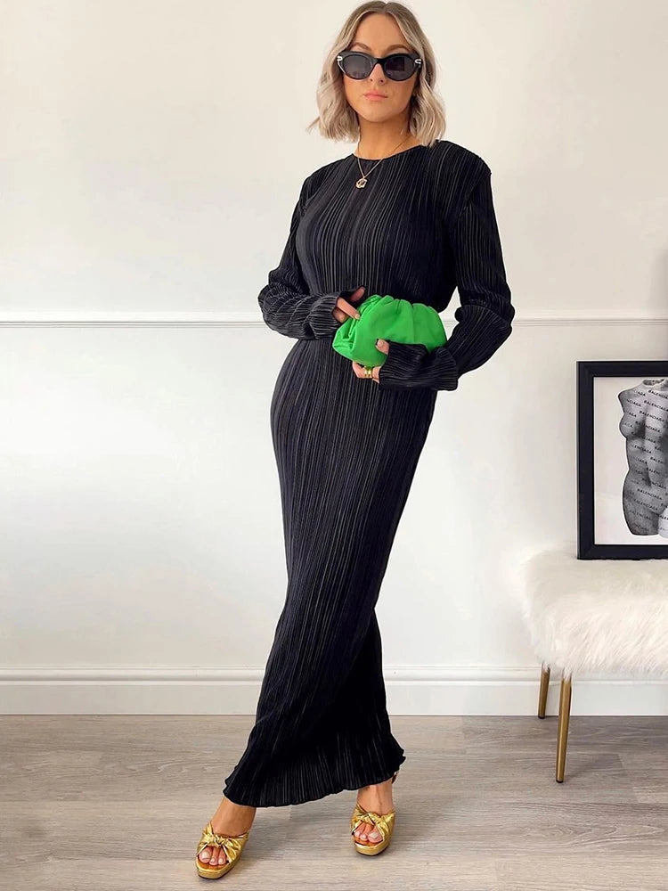 Women Elegant Ribbed Solid O Neck Long Sleeve Maxi Prom Dress 2022 Fall Sexy Bodycon Evening Birthday Party Y2K Robe