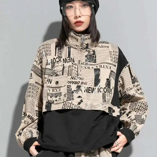Load image into Gallery viewer, Loose Fit Printed Spliced Sweatshirt New Stand Collar Long Sleeve Women Big Size Fashion Tide Spring Autumn 2025 1DF1320
