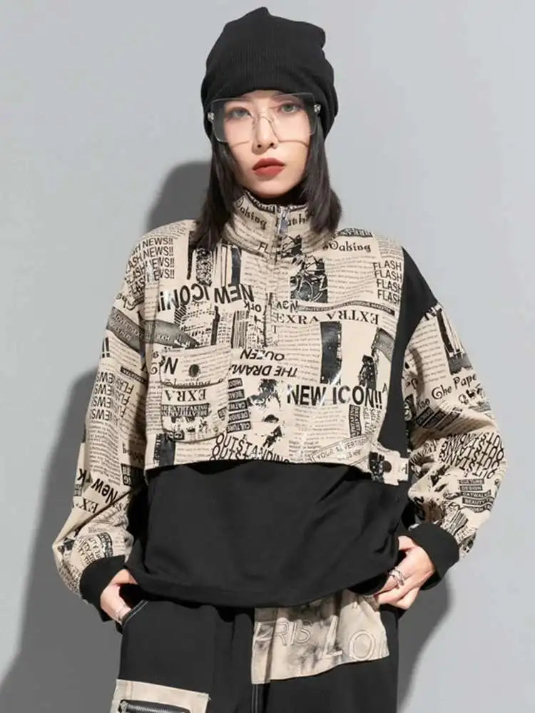 Loose Fit Printed Spliced Sweatshirt New Stand Collar Long Sleeve Women Big Size Fashion Tide Spring Autumn 2025 1DF1320