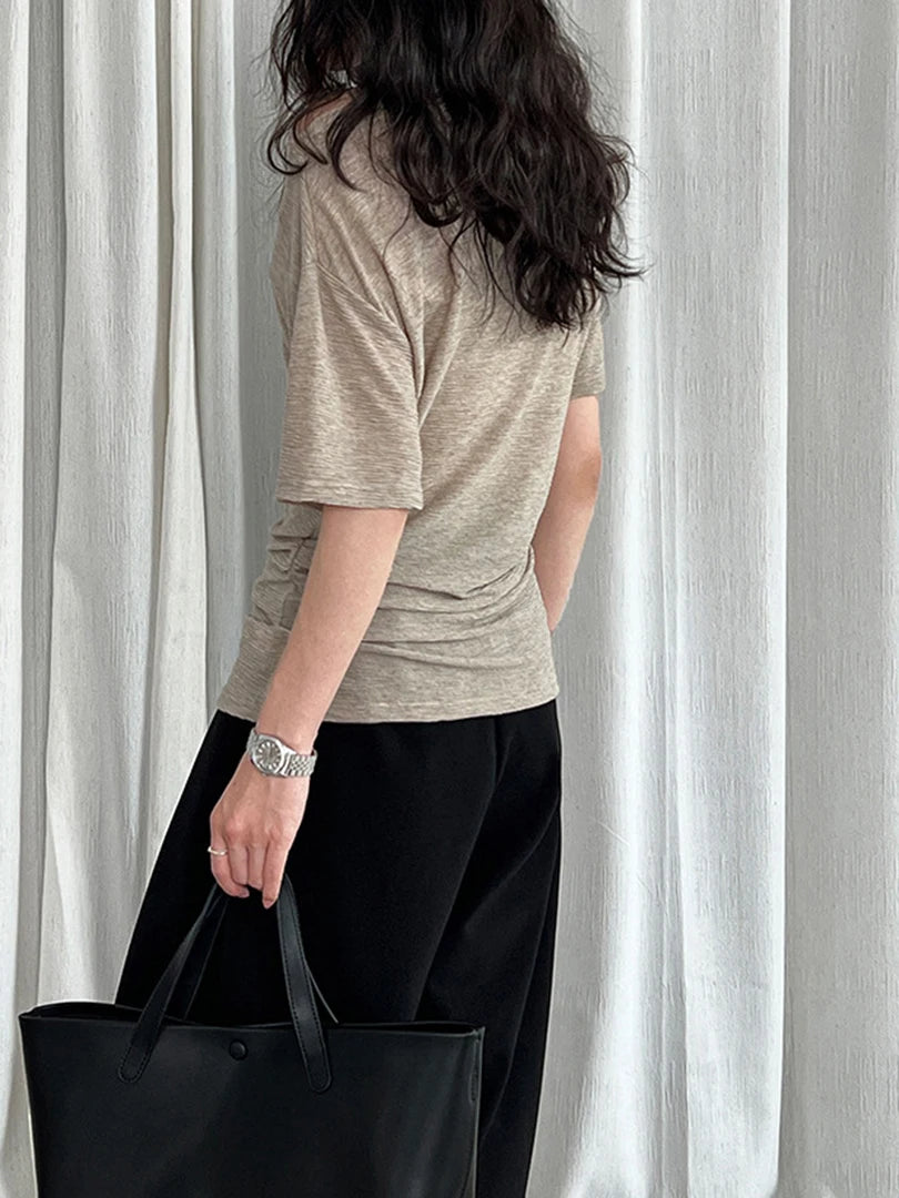 Women Blue Brief Belted Elegant Casual T-shirt New Slash Neck Short Sleeve Fashion Tide Spring Summer 2025 1DJ1475