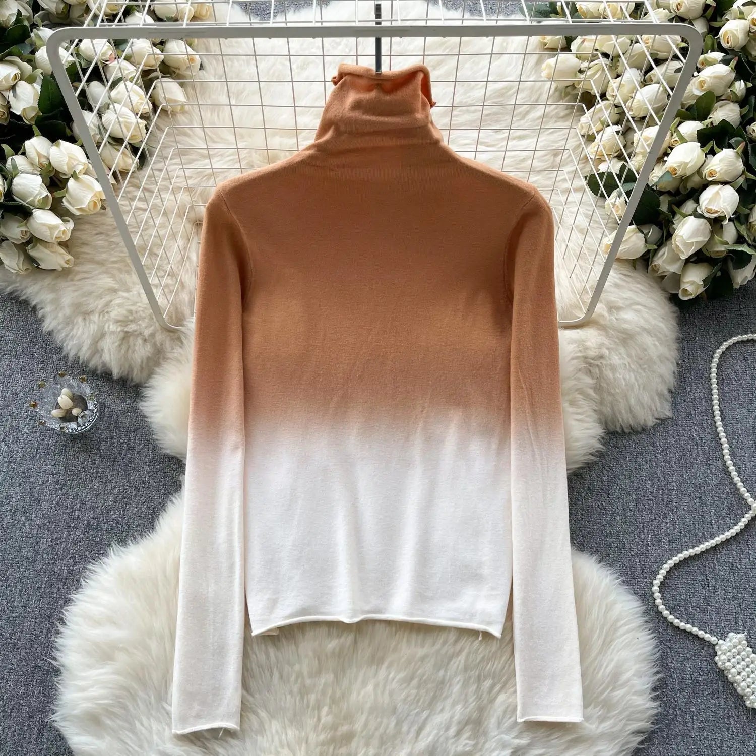 Women Vintage Elegant Long Sleeved Gradual Knitted Sweater Female Autumn New Turtleneck Slim Pullover Tops Fashion Versatile Y2k
