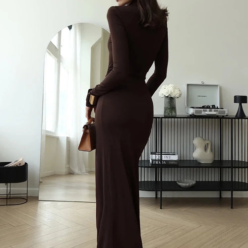 Load image into Gallery viewer, Turtleneck Thigh High Split Sexy Maxi Dress For Women Fashion Long Sleeve Draped Bandage Bodycon Club Long Dress
