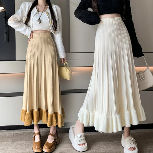 Load image into Gallery viewer, Korean Fashion Women Patchwork Ruffle Edge Knitted Long Skirts 2024 Autumn Winter Vintage High Waist Party A-line Pleated Skirt

