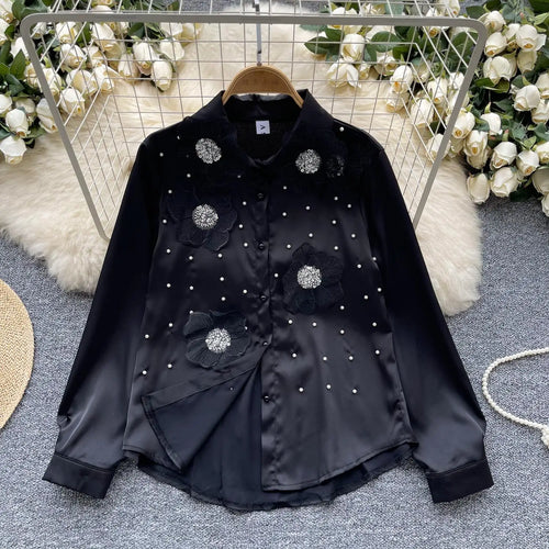 Load image into Gallery viewer, French Retro White Bead Sequin Single Breasted Long Sleeved Women's Shirt Autumn 2024 New Black Embroidered Flower Blouses Tops
