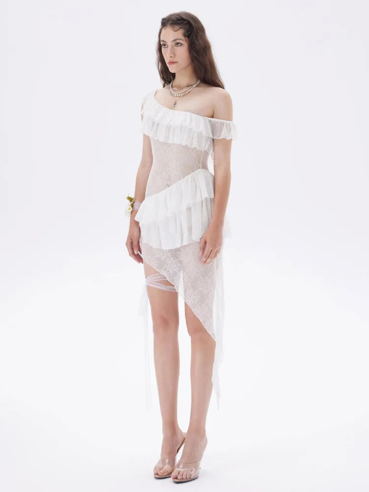 Sexy Lace Mesh Patchwork Ruffle Edge Perspective Dress Women Body Irregular Tight Dress Party Vacation Beach Vestido
