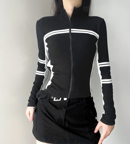 Casual Skinny Zip Up Jacket Women Stripe Patchwork High Neck Moto&Biker Style Autumn Coats Korean Sporty Thin Jackets