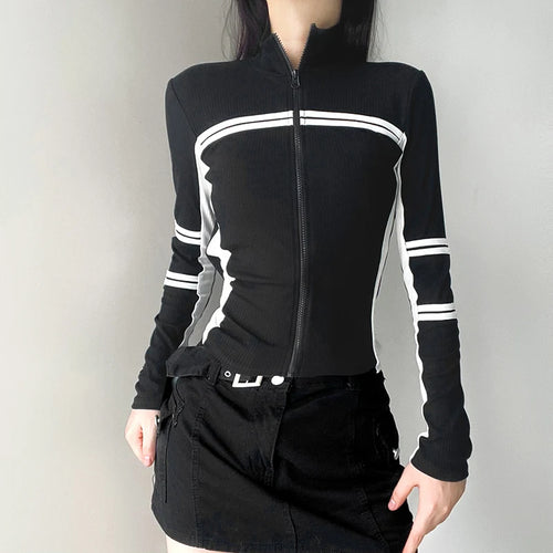 Load image into Gallery viewer, Casual Skinny Zip Up Jacket Women Stripe Patchwork High Neck Moto&amp;Biker Style Autumn Coats Korean Sporty Thin Jackets
