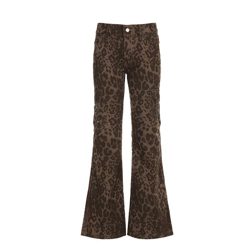 Streetwear Leopard Print Rivet Decorated Jeans Women Fashion Full Lenght Flare Dimen Trousers Button-Fly Bottoms Chic