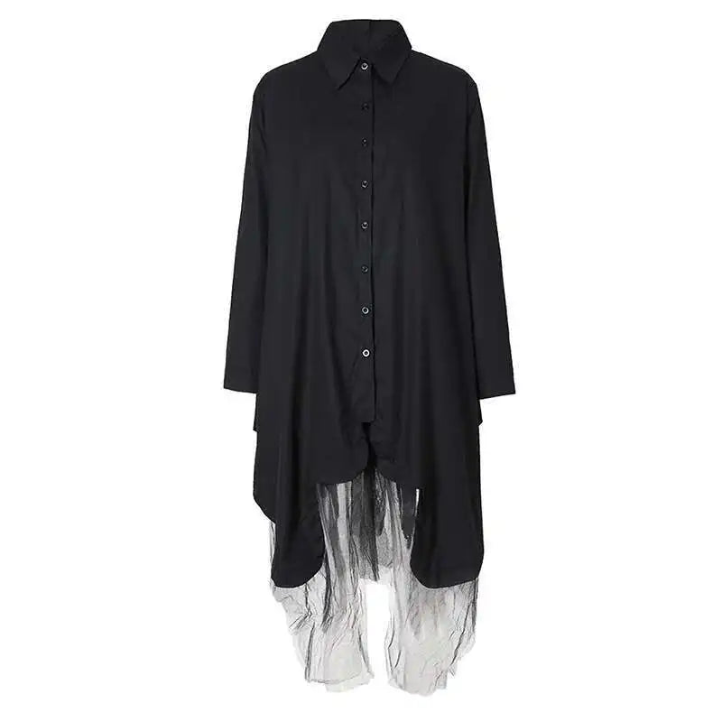 Women Black Irregular Hem Big Size Shirt Dress New Lapel Long Sleeve Loose Fit Fashion Tide Spring Autumn 2025 1DE2485