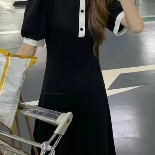 Load image into Gallery viewer, Korean Style School Student Polo Dress Autumn Casual College Preppy Puff Sleeve Kawaii Black Midi Dresses
