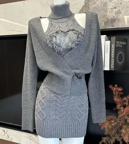 Retro New Two Piece Set Women Grey Lace Elegant Knitted High Neck Sleeveless Knit Slim Dress And Long Sleeve Short Cardigan Tops