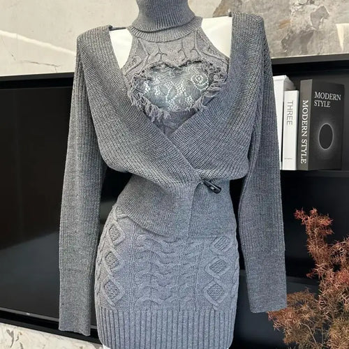 Load image into Gallery viewer, Retro New Two Piece Set Women Grey Lace Elegant Knitted High Neck Sleeveless Knit Slim Dress And Long Sleeve Short Cardigan Tops
