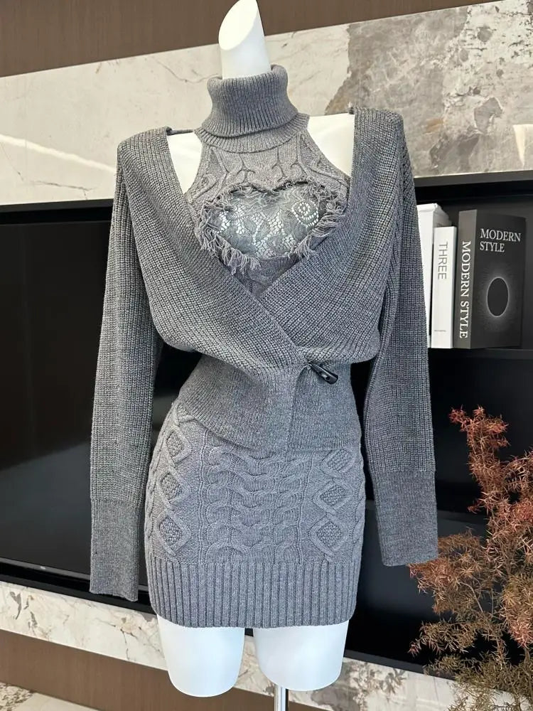 Retro New Two Piece Set Women Grey Lace Elegant Knitted High Neck Sleeveless Knit Slim Dress And Long Sleeve Short Cardigan Tops