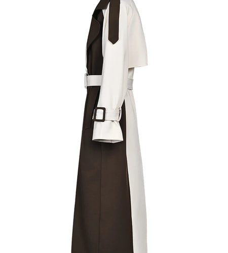 Women Brown Color-block Big Size Long Trench New Lapel Long Sleeve Windbreaker Fashion Tide Spring Autumn 2025 2C7400