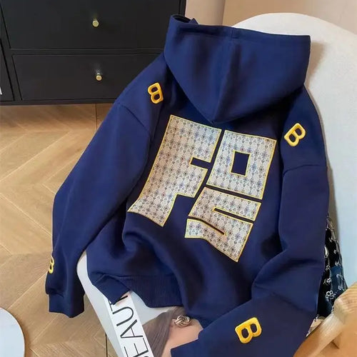 Load image into Gallery viewer, Y2k Women Gray Print Loose Hoodies Long Sleeve Sweatshirt Spring Autumn Blue Letter Embroidery Elegant Pocket Pullover Tops 2024
