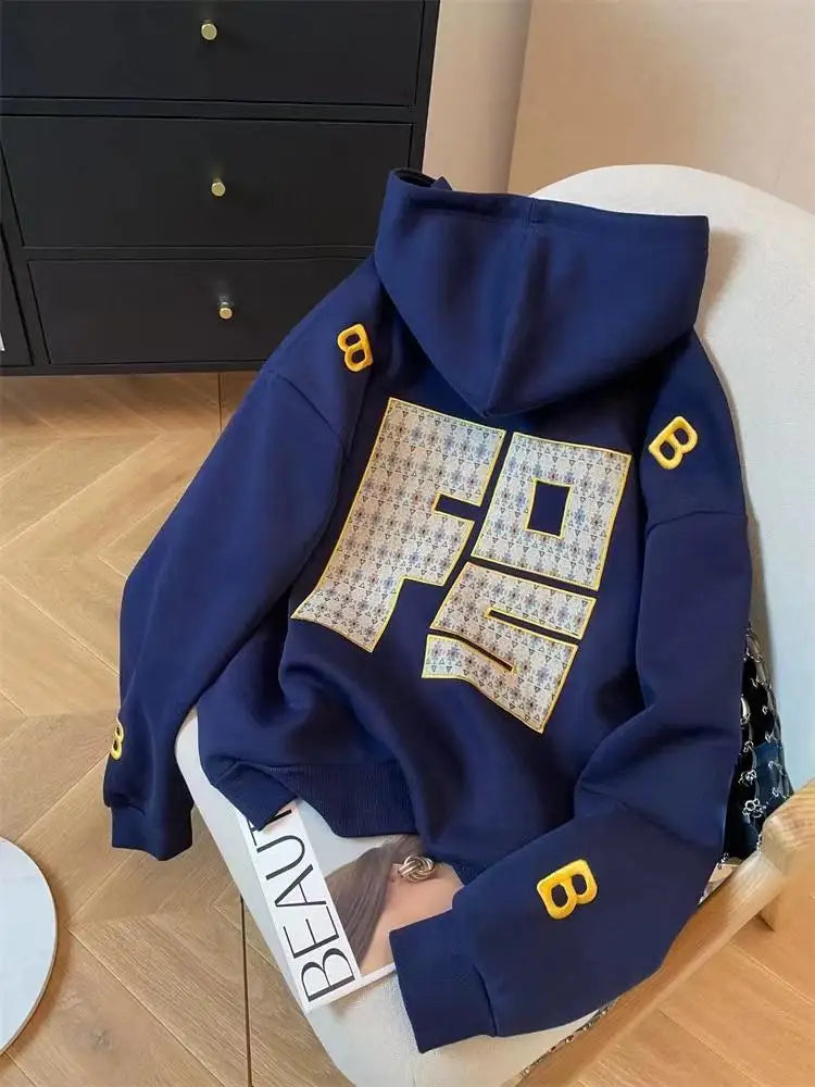 Y2k Women Gray Print Loose Hoodies Long Sleeve Sweatshirt Spring Autumn Blue Letter Embroidery Elegant Pocket Pullover Tops 2024