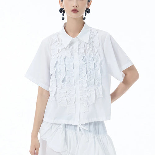 Load image into Gallery viewer, Women Red Ruffles Drawstring Big Size Elegant Blouse New Lapel Short Sleeve Shirt Fashion Tide Spring Summer 2025 1DJ1606
