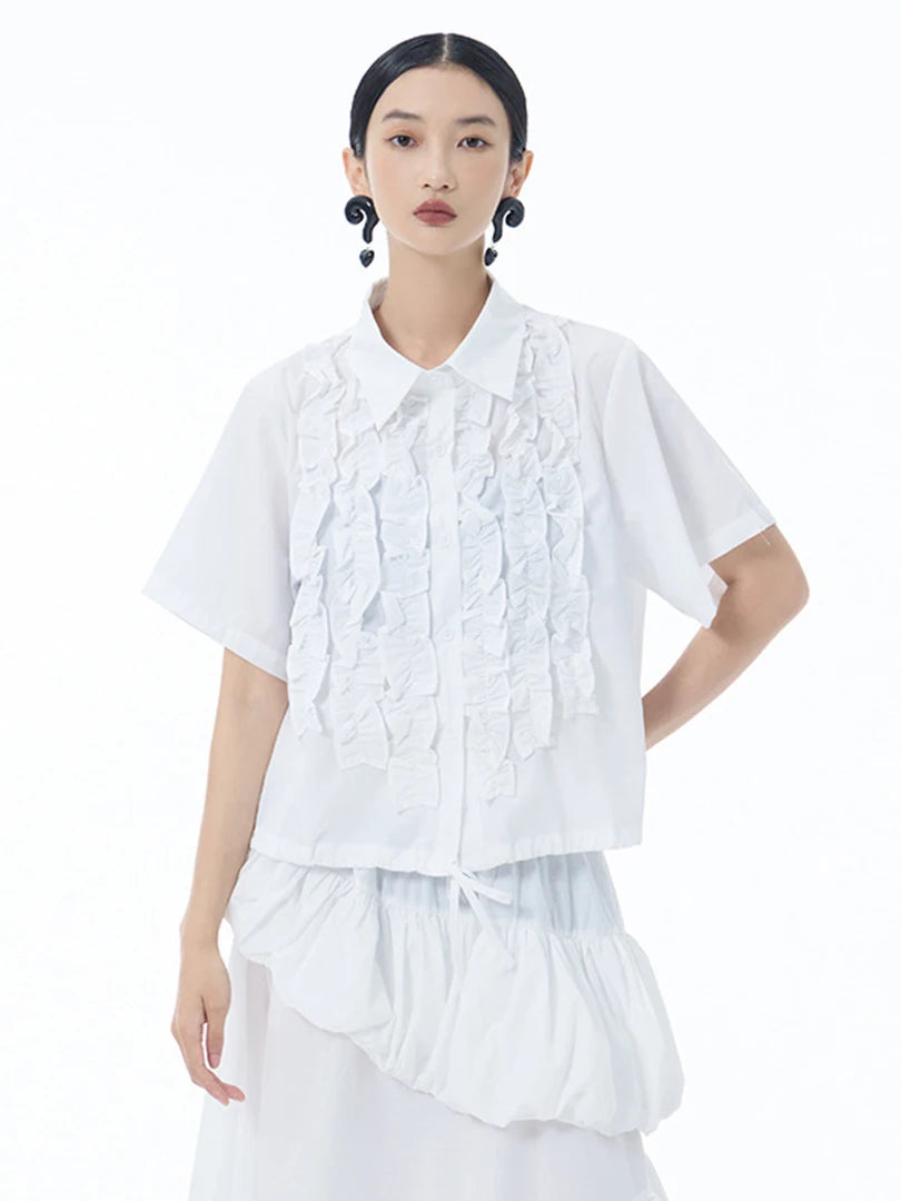 Women Red Ruffles Drawstring Big Size Elegant Blouse New Lapel Short Sleeve Shirt Fashion Tide Spring Summer 2025 1DJ1606