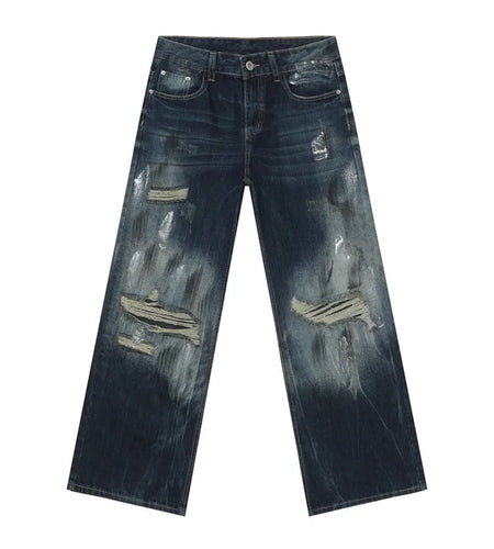 High Street Men's Two-piece Sets Worn-out Plotch Hole Turn-down Collar Denim Jackets Straight Wide Leg Male Jeans 9C8969