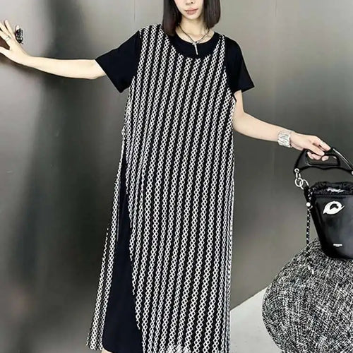 Load image into Gallery viewer, Women Black Irregular Mesh Big Size Casual Midi Dress New Round Neck Short Sleeve Fashion Tide Spring Summer 2025 1DH5415
