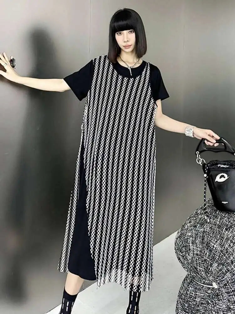 Women Black Irregular Mesh Big Size Casual Midi Dress New Round Neck Short Sleeve Fashion Tide Spring Summer 2025 1DH5415