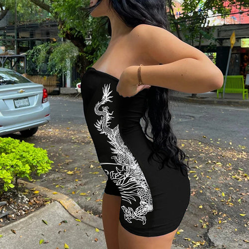 Load image into Gallery viewer, Streetwear Dragon Printed Fitness Summer Playsuit Women Strapless Fashion Gothic Dark One Piece Bodysuit Rompers Hot
