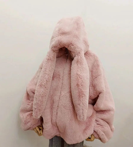 Winter Oversized Warm White Faux Fur Coats Women Clothes Bunny Ears Kawaii Sweet Cute Japanese Y2k Tops Fluffy Jacket Hoodie