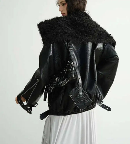 Black Thick Lambswool Big Size PU Leather Jacket New Lapel Long Sleeve Women Coat Fashion Tide Autumn Winter 2025 1DH8259