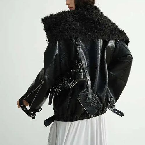 Load image into Gallery viewer, Black Thick Lambswool Big Size PU Leather Jacket New Lapel Long Sleeve Women Coat Fashion Tide Autumn Winter 2025 1DH8259
