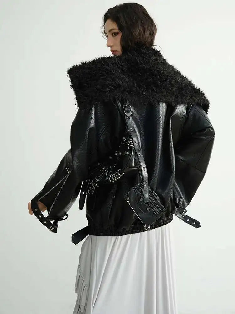 Black Thick Lambswool Big Size PU Leather Jacket New Lapel Long Sleeve Women Coat Fashion Tide Autumn Winter 2025 1DH8259