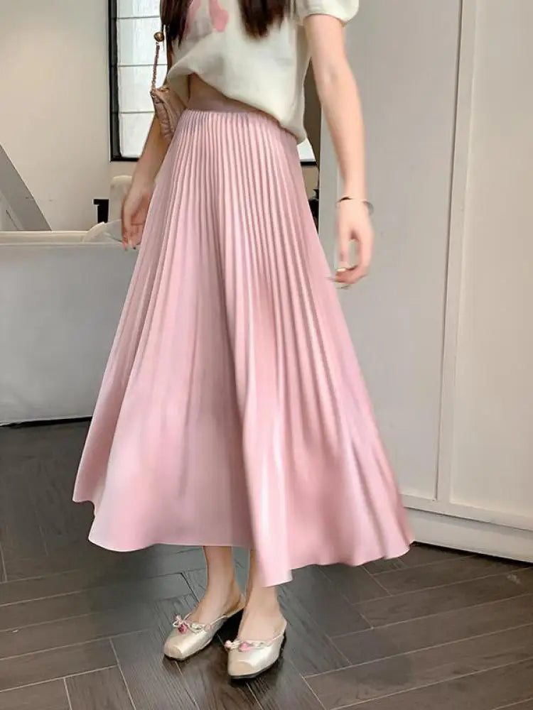 Spring Summer New Women Solid Office Elegant Long Skirt French Fashion High Waist Vacation Pleated Half Skirt Popular Streetwear