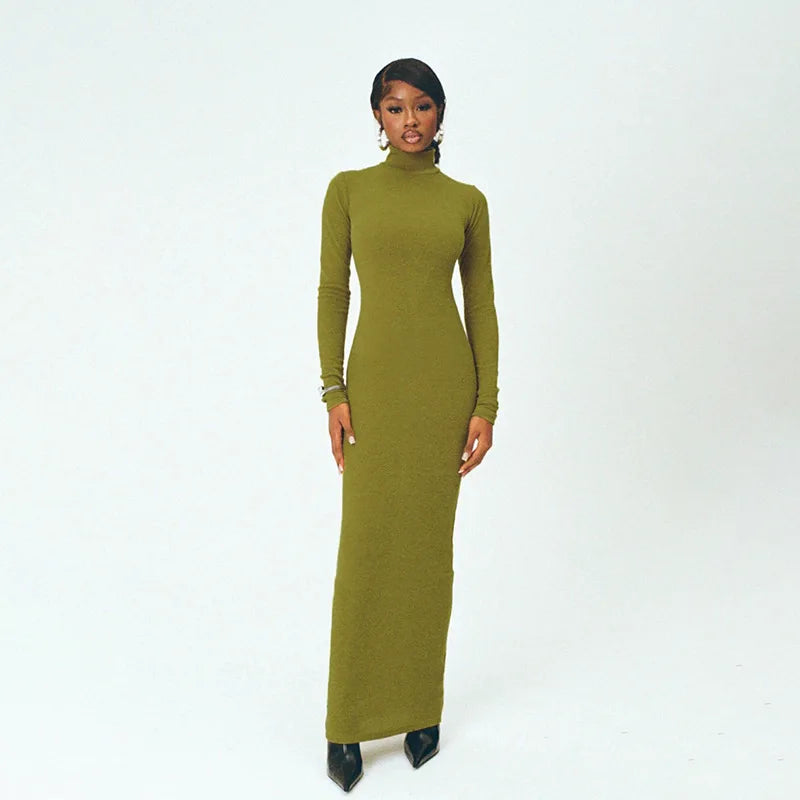 Turtleneck Long Sleeve Maxi Dress For Women Autumn New Elegant Solid Slim Fit High Waist Sexy Long Dress Ladies New