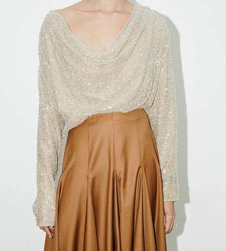 Solid Loose Spliced Bright Slik Fashion T Shirts for Women Swinging Neck Long Sleeves Minimalist T Shirt Female New