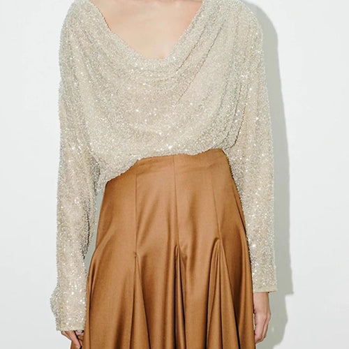 Load image into Gallery viewer, Solid Loose Spliced Bright Slik Fashion T Shirts for Women Swinging Neck Long Sleeves Minimalist T Shirt Female New
