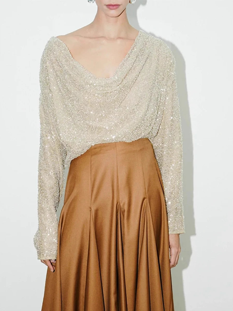 Solid Loose Spliced Bright Slik Fashion T Shirts for Women Swinging Neck Long Sleeves Minimalist T Shirt Female New